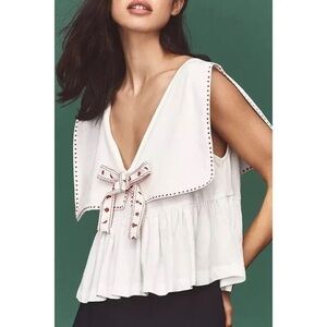 Maeve Anthropologie White Sailor Blouse Red Trim Bow Womens XL Quirky Fun Cotton